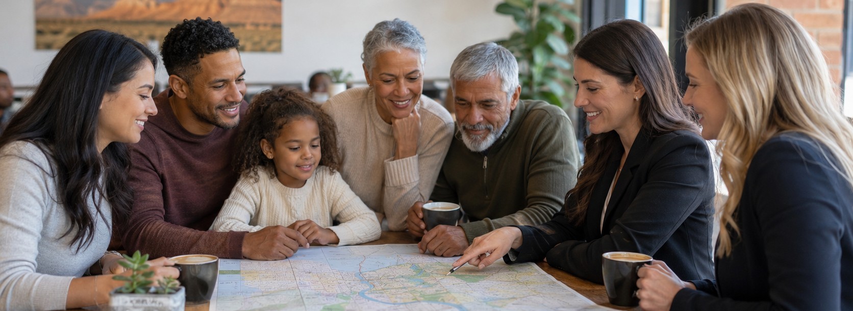 A multigenerational family reviewing a map together